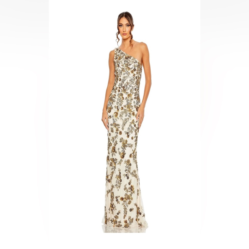 NWT Mac Duggal One-Shoulder Gown Beaded Floral Embellished Dress Women 4 Formal